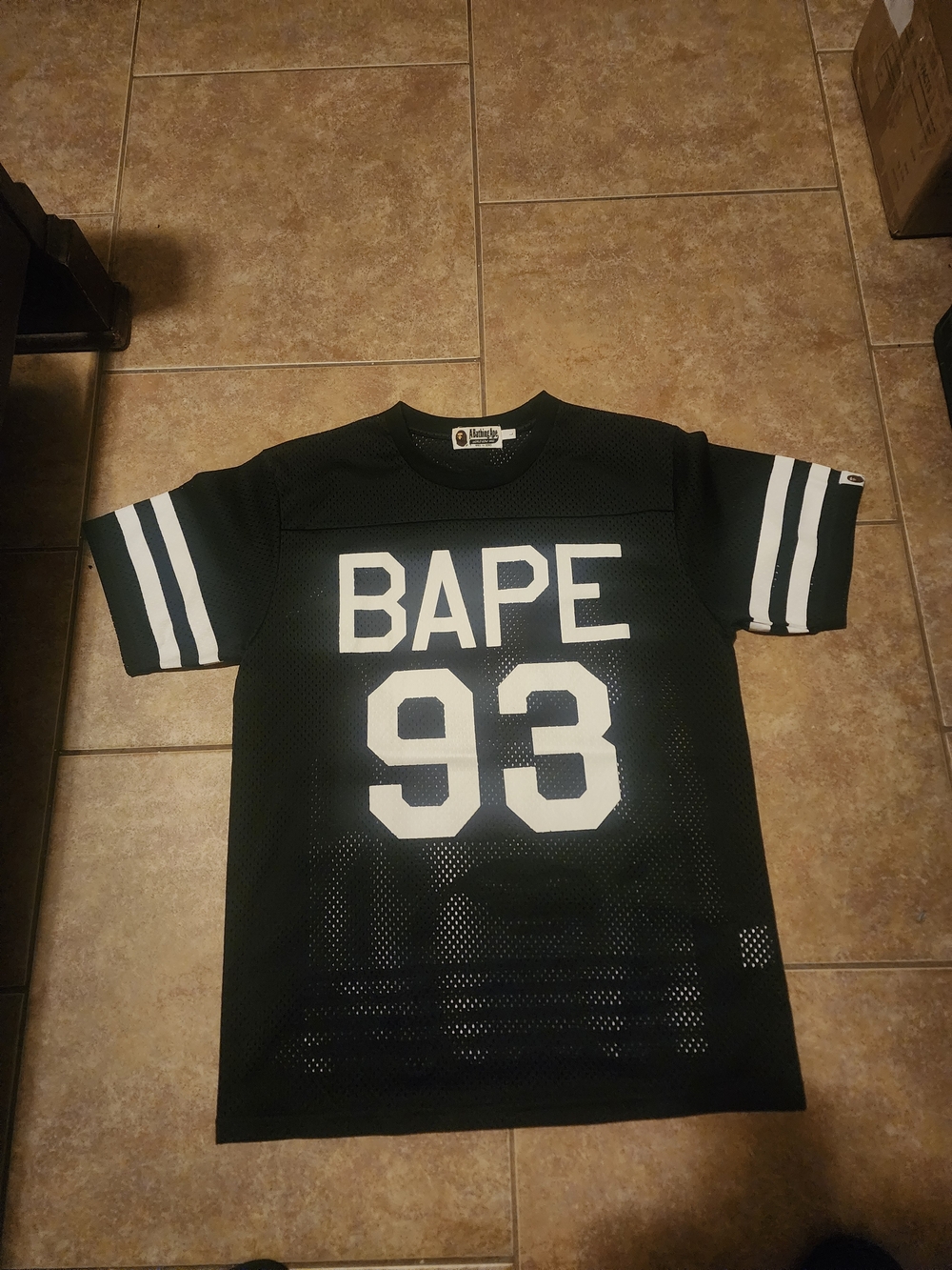 BAPE 93 Black Mesh Football Jersey with White Lettering